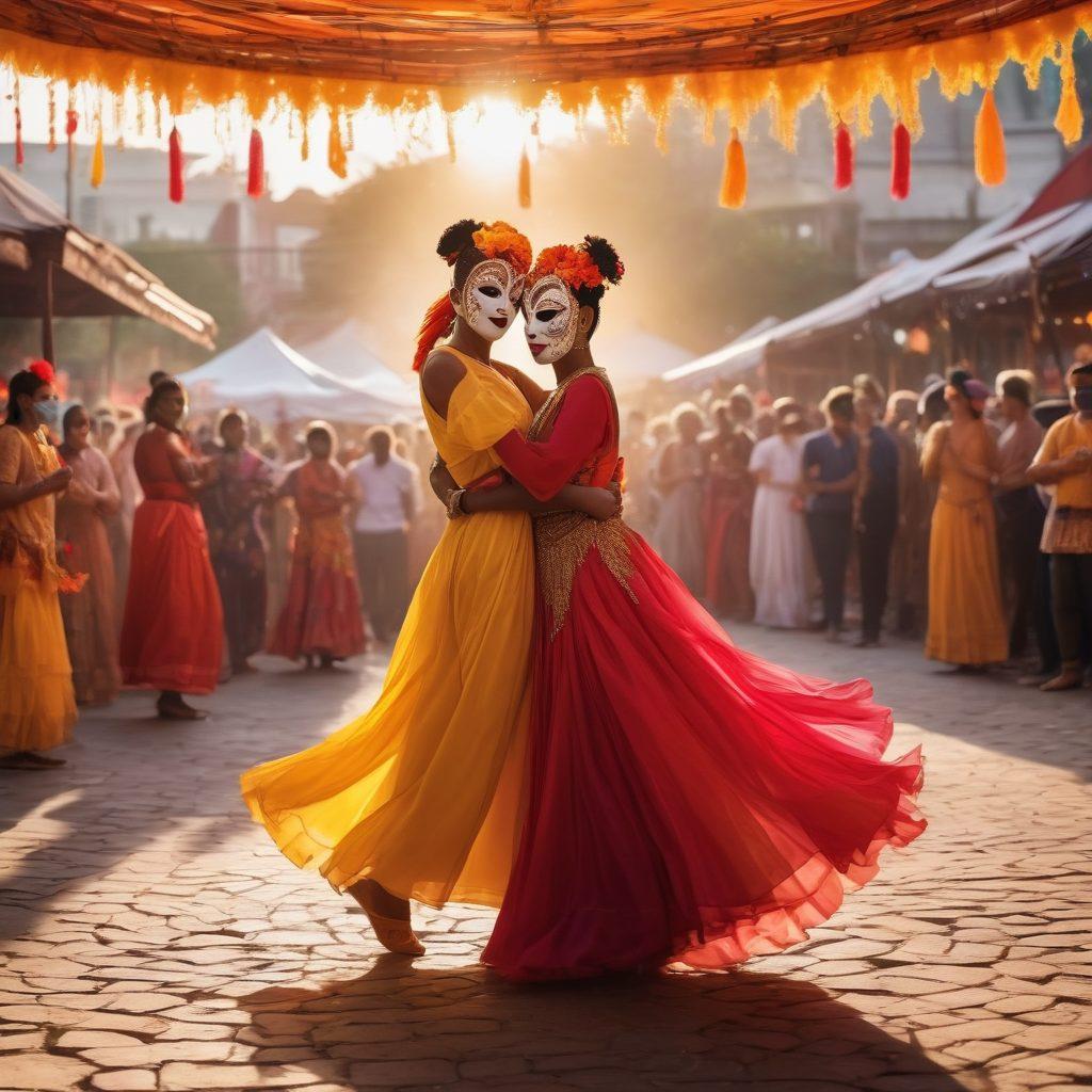 A vibrant festival scene showcasing a diverse crowd engaging in emotional performance art, with expressive dancers and musicians surrounded by colorful decorations symbolizing love and devotion. In the background, a setting sun casts a warm glow over the festivities, while intricate masks and costumes reflect various cultural influences. The atmosphere is lively and filled with joy, highlighting the connection between art and relationships. super-realistic. vibrant colors. dynamic composition.