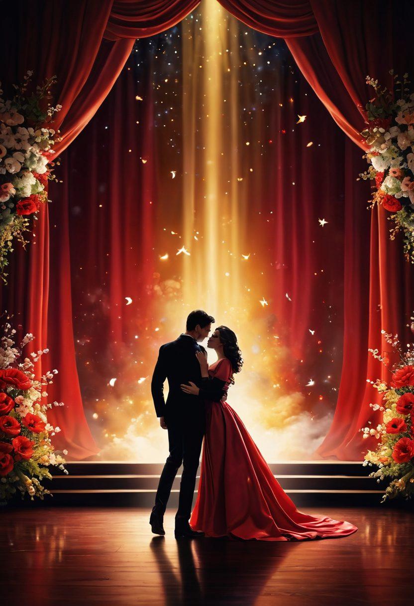 A vibrant theater stage with a dazzling red curtain, illuminated by warm golden lights. In the foreground, a couple in elegant costumes embracing, surrounded by flowers and hearts floating in the air. The backdrop features dramatic, swirling clouds and stars, symbolizing romance and passion. Audience silhouettes in the shadows, captivated by the performance. super-realistic. vibrant colors. 3D.