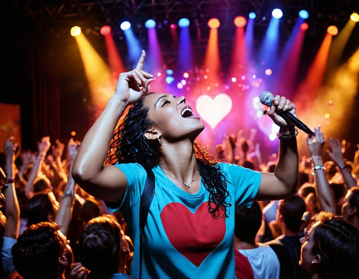 A dramatic scene of a vibrant live concert where the crowd is emotionally engaged, with vivid expressions of joy and love on their faces. Spotlight on a passionate performer, with symbolic heart shapes and notes swirling around them, reflecting the connection between artist and audience. The background showcases colorful lights and a cheering crowd, encapsulating the energy of live music. super-realistic. vibrant colors. 3D.